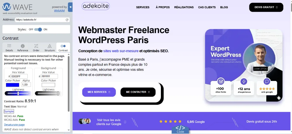 Audit d’accessibilité du site adekoite.fr avec l’outil gratuit WAVE de WebAIM : vérification du contraste des couleurs