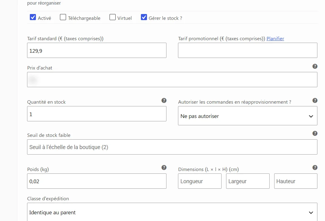 Réglages de stock d’une variation de produit dans l’administration WooCommerce : gérer le stock, quantité en stock, commandes en réapprovisionnement et seuil de stock faible